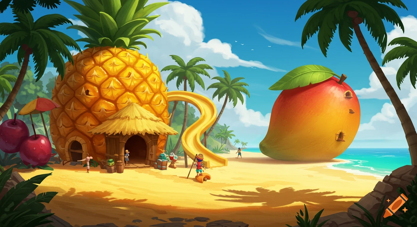 Concept art of a vibrant fruit-themed beach with giant pineapple and mango houses, palm trees, and small figures playing.