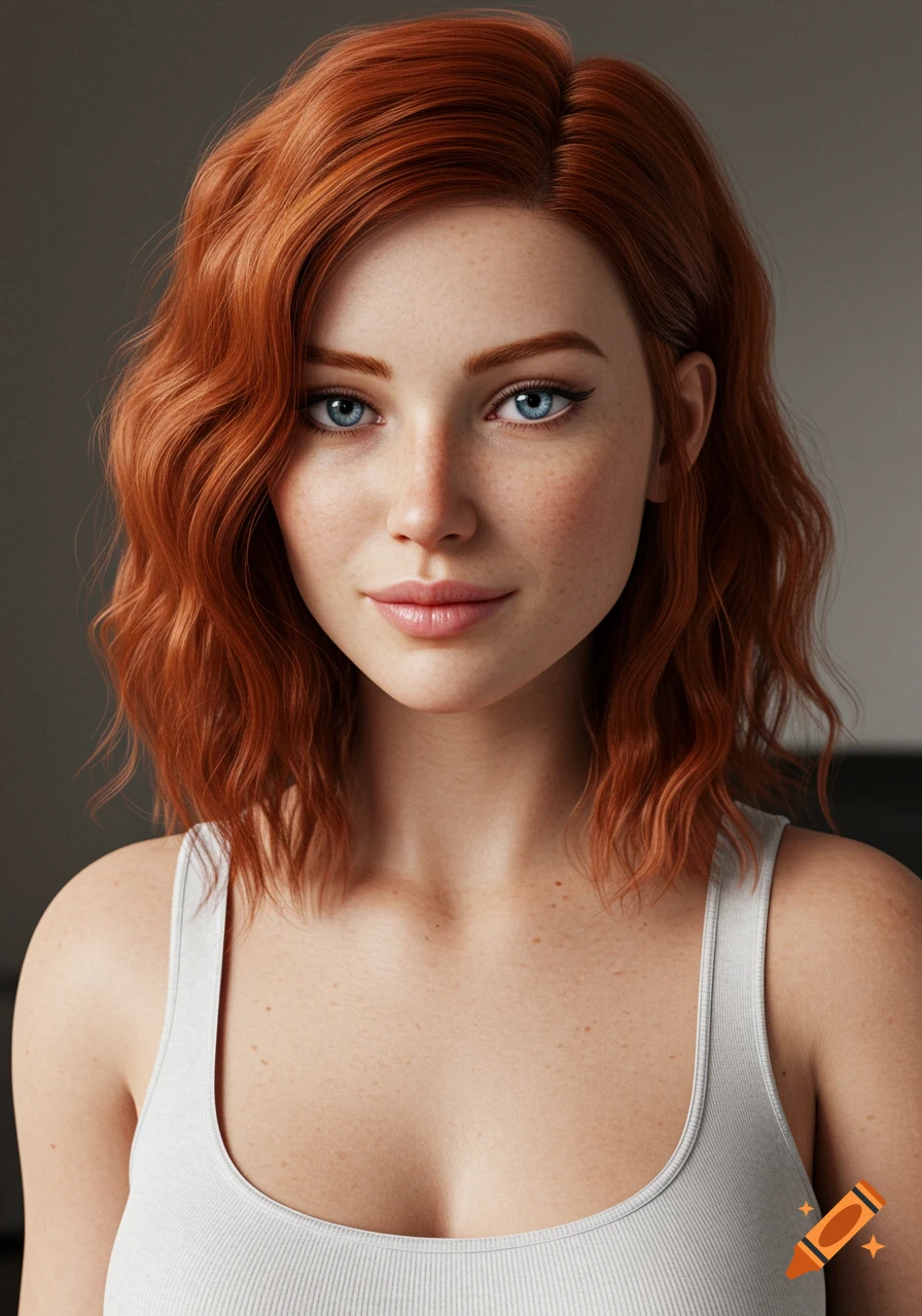 A photorealistic portrait of a young woman with wavy red hair, blue eyes, and freckles, wearing a light-colored tank top.