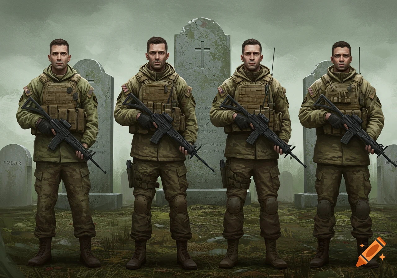 Four modern soldiers in combat gear stand in a row in a graveyard with tombstones in the background, in a somber, illustrative style.