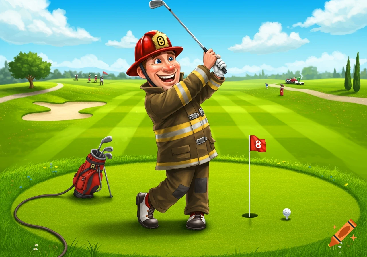 A smiling cartoon firefighter in uniform takes a swing with a golf club on a green course, with '8' on his helmet and the flag.