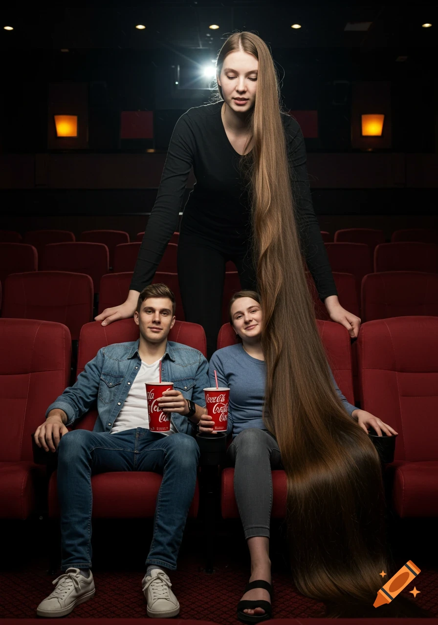 A very tall woman with extremely long hair stands behind a couple seated in a movie theater, her hair flowing past them.