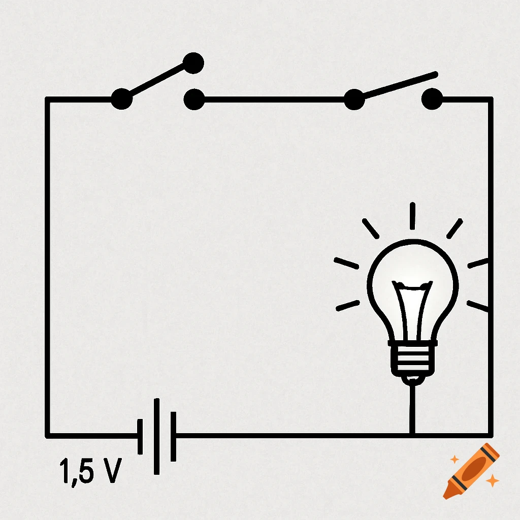 A black and white circuit diagram showing a battery, two switches (one closed, one open), and a light bulb emitting light.