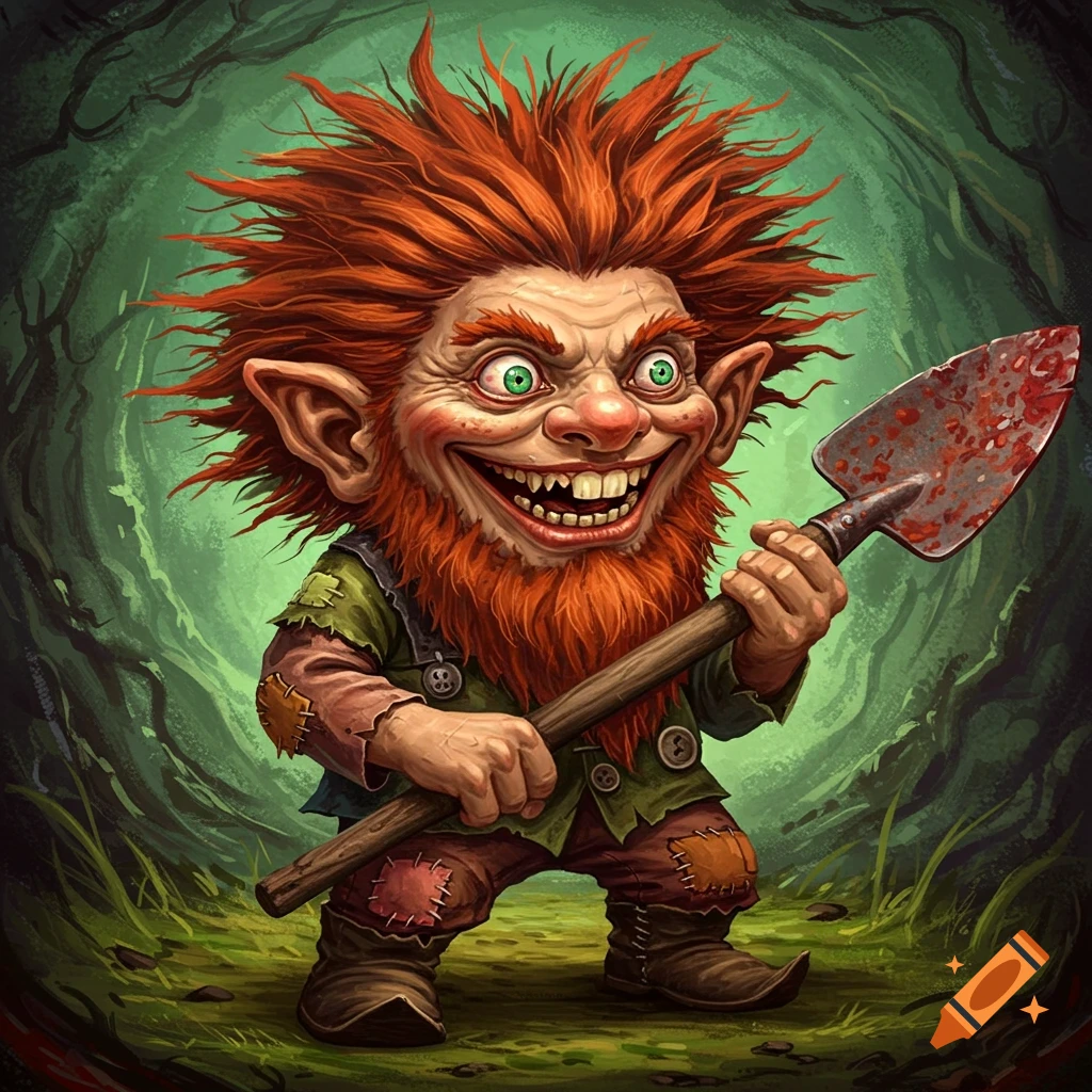 A grotesque, crazed gnome with spiky red hair and green eyes grins unsettlingly while holding a blood-splattered shovel in a forest.