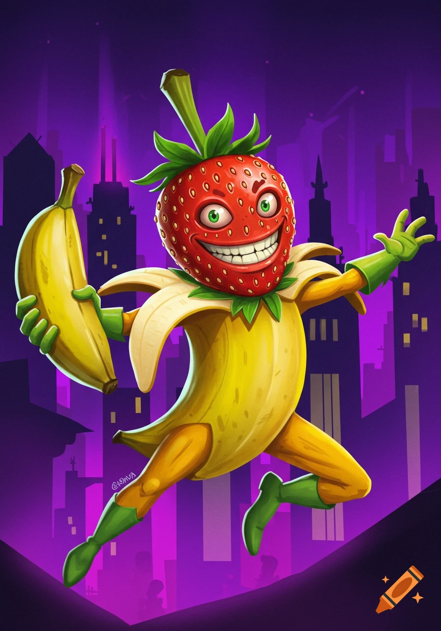 A vibrant cartoon character with a strawberry head and a banana peel suit, wearing green gloves and boots, holds a banana against a dark purple city skyline.