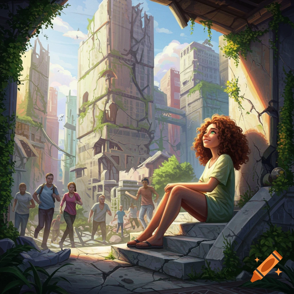 A young woman with red curly hair sits on stone steps, smiling and looking up at a blue sky in an overgrown, ruined city.