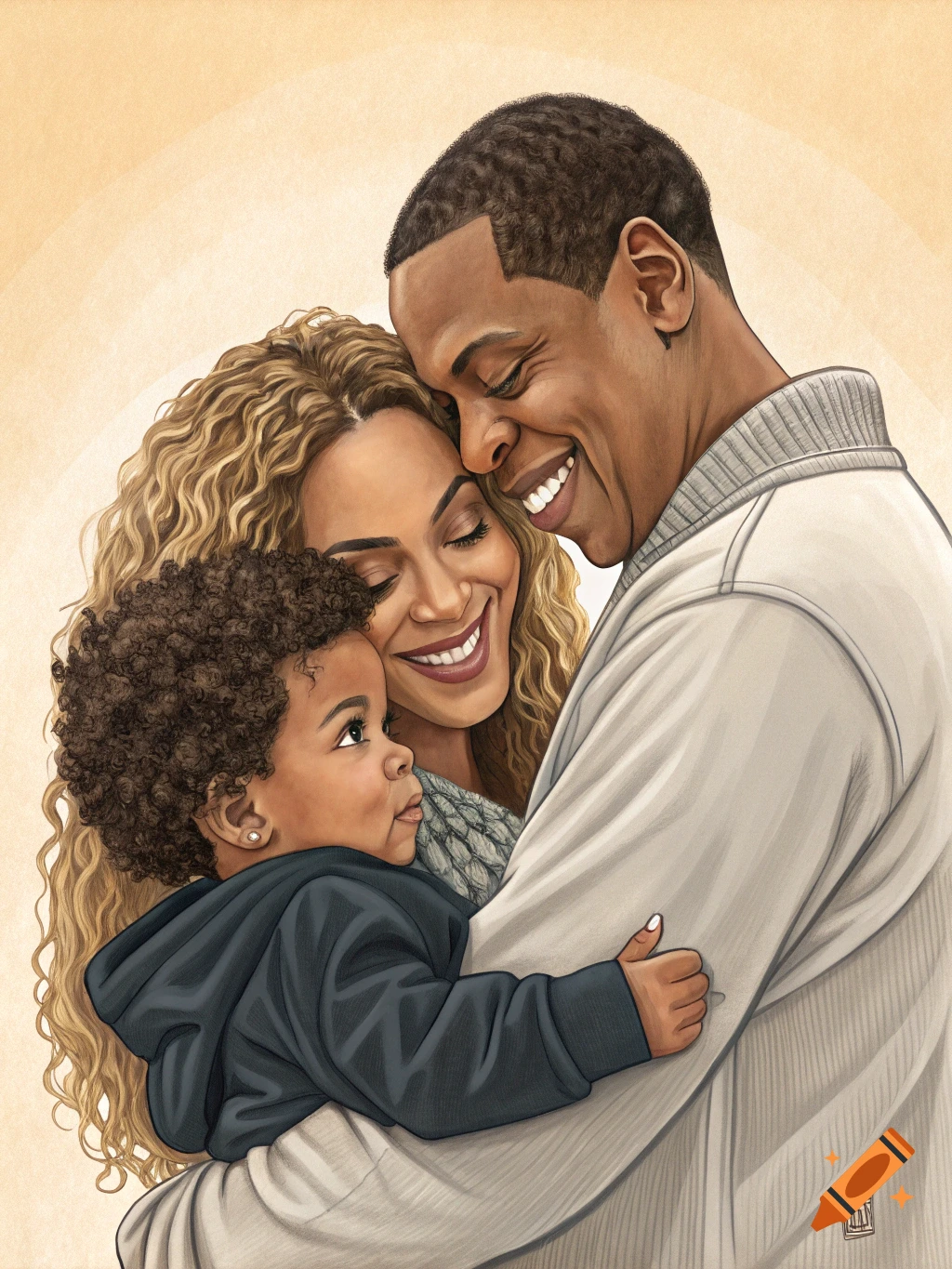 Stylized illustration of Beyoncé and Jay-Z embracing their young child.