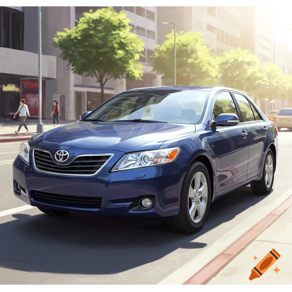 A blue Toyota Camry sedan parked on a city street under sunlight, with blurred buildings and trees in the background, rendered in an illustrative style.