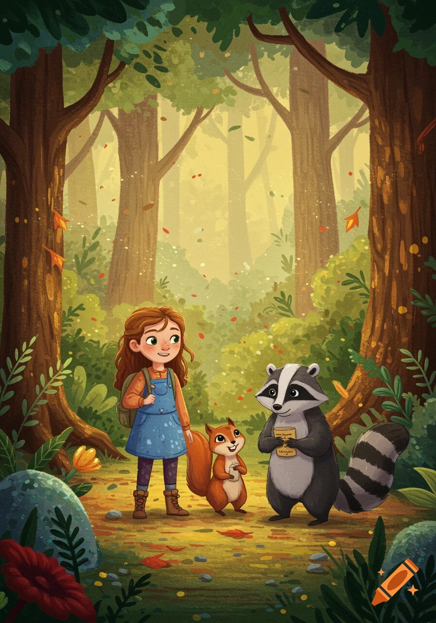 A young girl with long brown hair and a blue overall dress stands in a forest with a squirrel and a raccoon, in a whimsical illustration style.