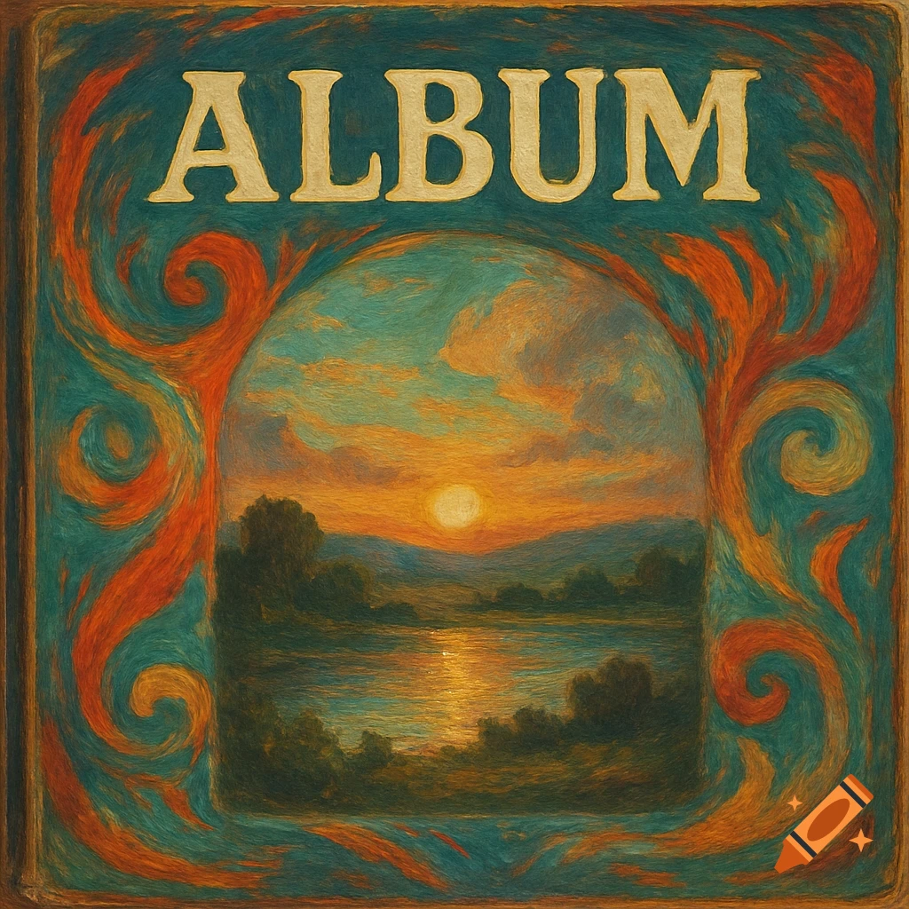 A stylized album cover features a vibrant sunset landscape over a lake, framed by orange and teal floral designs, with the word 'ALBUM' in gold at the top.