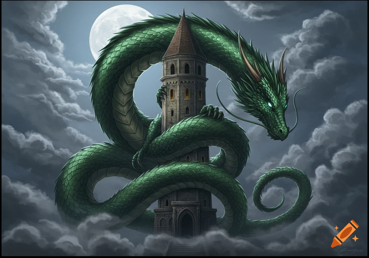A large green dragon with glowing eyes curled around a tall stone tower, set against a full moon and cloudy night sky.