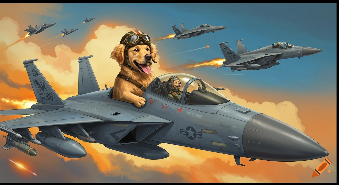 A golden retriever dog wearing pilot goggles flies a fighter jet with a smaller dog co-pilot. Other jets fly in formation across an orange and blue sky.