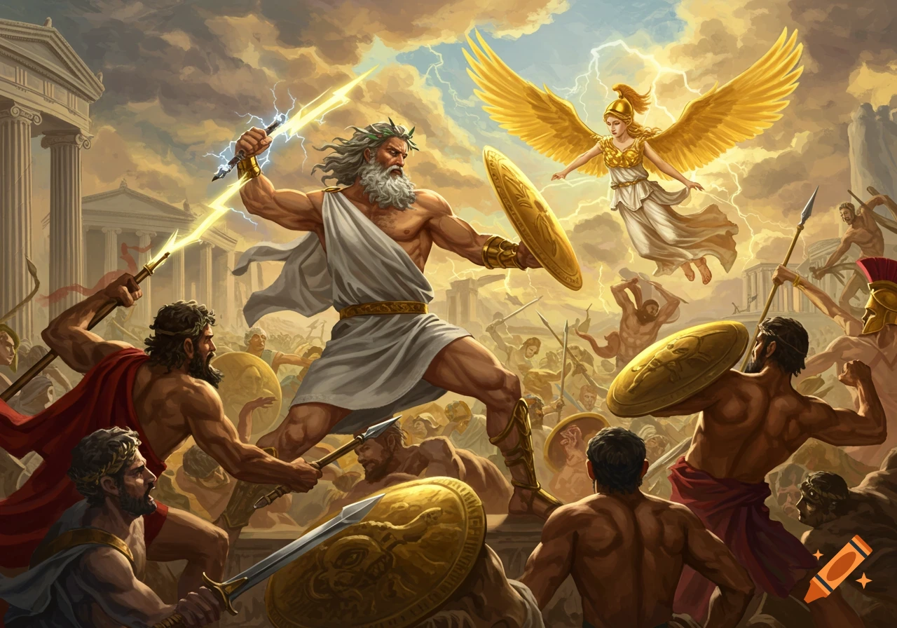 Zeus and a winged goddess battle other Greek gods amidst a storm, with ancient temples in the background, in an epic illustration.