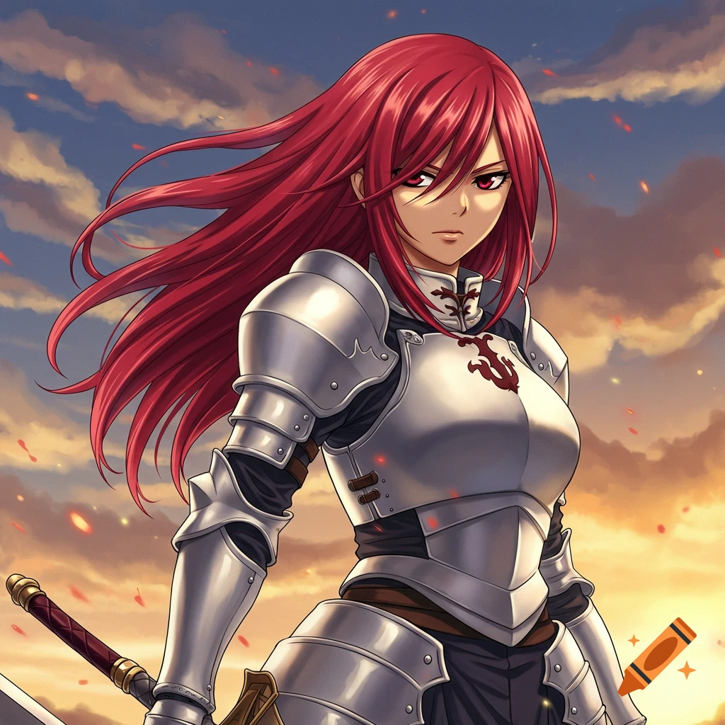 An anime-style woman with long red hair and red eyes, wearing detailed silver plate armor, stands against a cloudy, sunset sky.