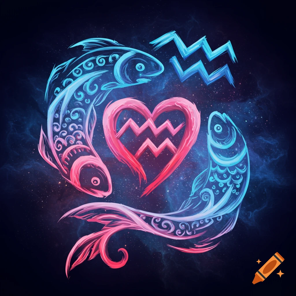 Stylized blue and pink Pisces fish, and a glowing pink heart with the Aquarius symbol, against a dark starry cosmic background.