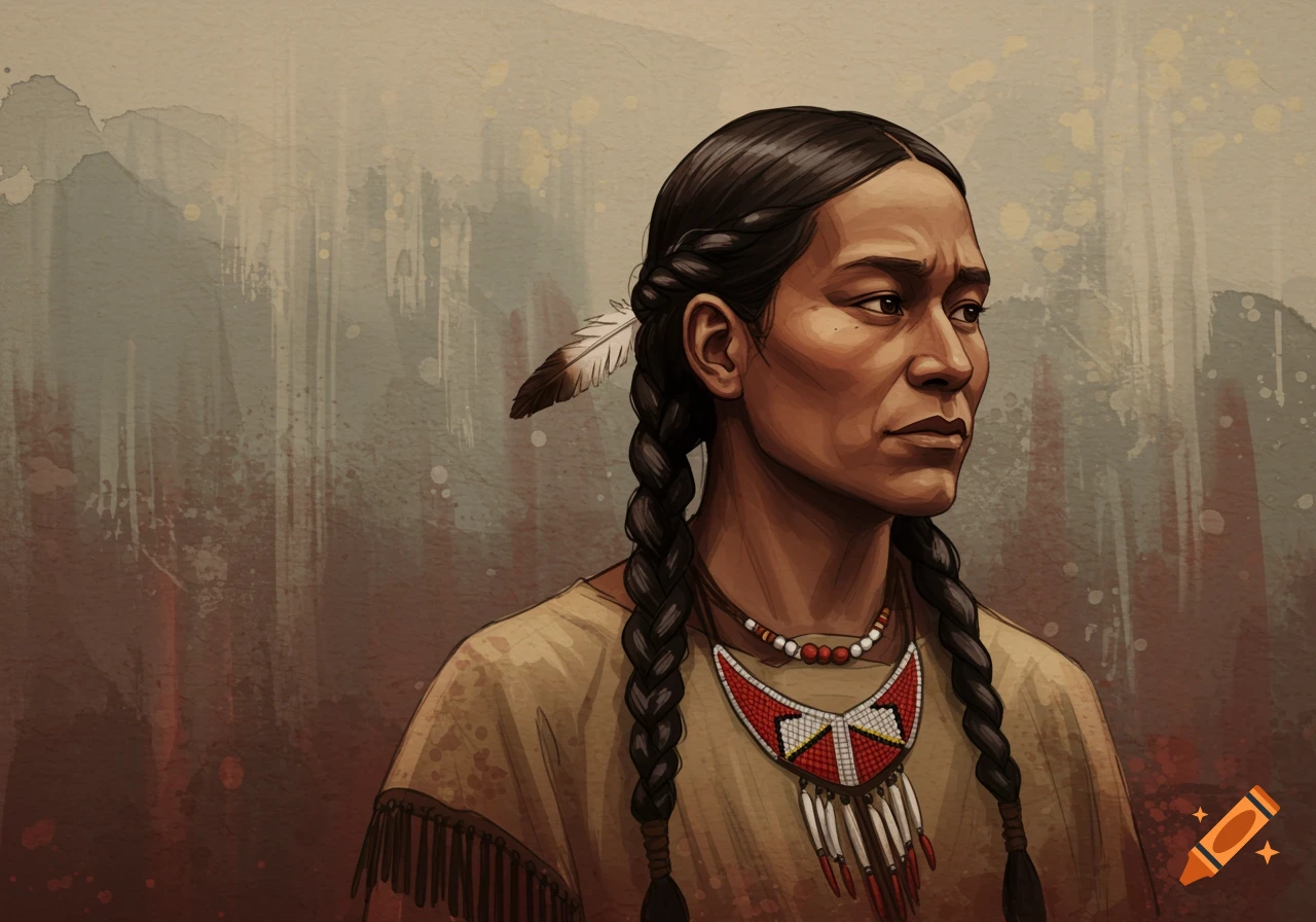 Portrait of an indigenous person with long braids, a feather, and a beaded necklace, rendered in a watercolor style.