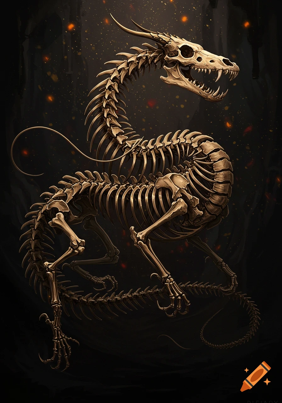 Detailed illustration of a dragon skeleton with horns and a long tail, against a dark background with glowing orange embers.