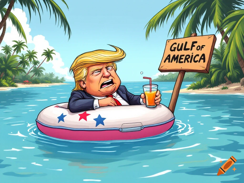 Cartoon Donald Trump in a swimming tube in tropical water, holding a drink, next to a sign that reads 'Gulf of America'.