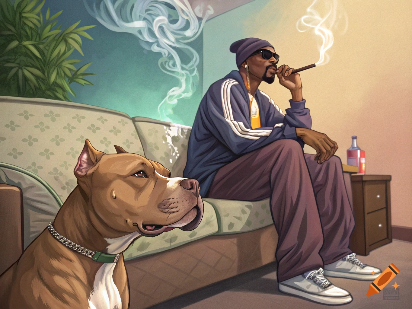 An illustration of a man resembling Snoop Dogg smoking a cigar next to a pitbull dog on a couch.
