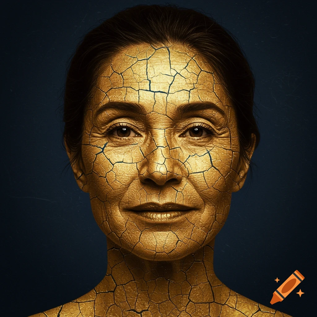 Close-up portrait of a middle-aged woman with her face and upper body covered in a textured gold crackled effect against a dark background.