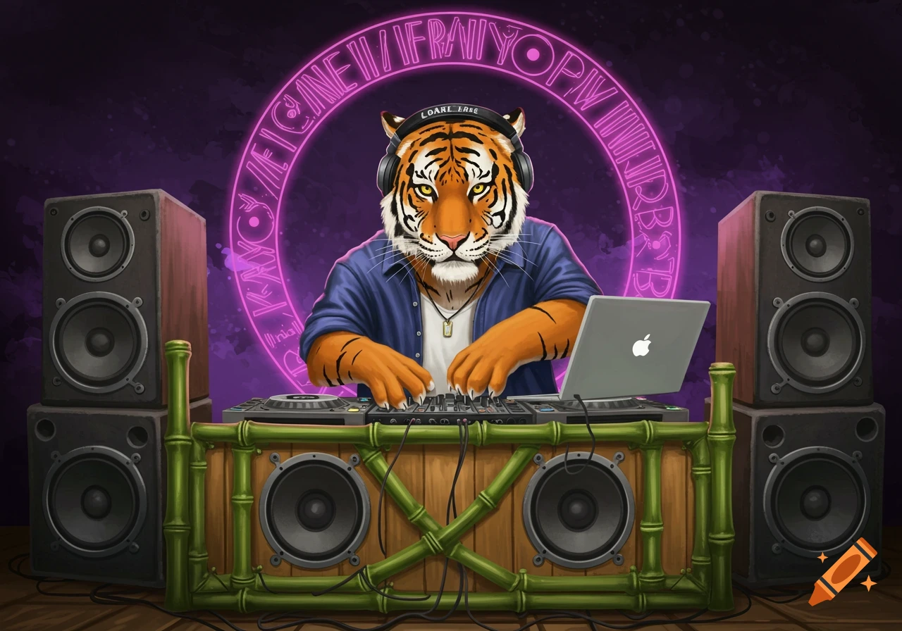 A tiger DJ with headphones mixing music on a bamboo stand with large speakers, set against a purple background with a glowing neon ring.