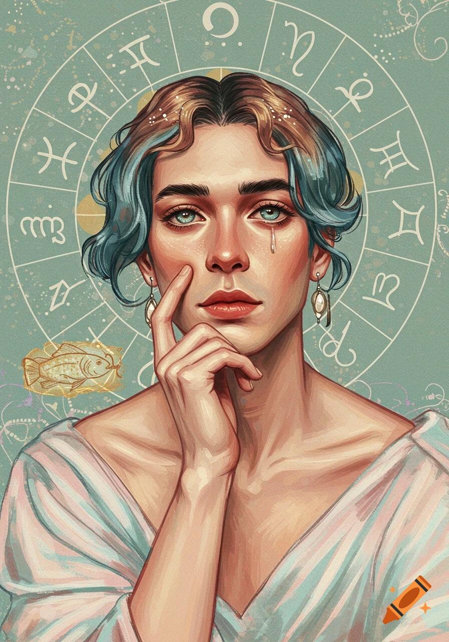 An illustrated portrait of a person with blue hair and a tear, set against a background of zodiac symbols.