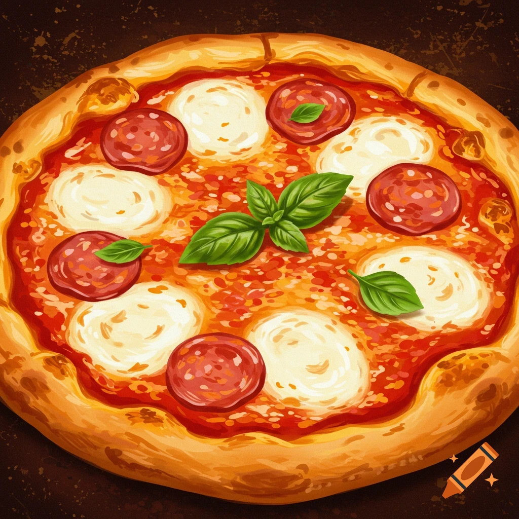 Overhead illustrative view of a delicious pizza with pepperoni, mozzarella, and fresh basil on a dark background.