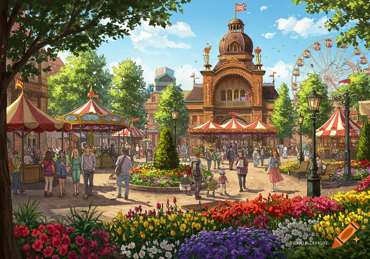 A vibrant, detailed illustration of an amusement park filled with people, a carousel, a large building, and a Ferris wheel, surrounded by lush trees and colorful flowers.