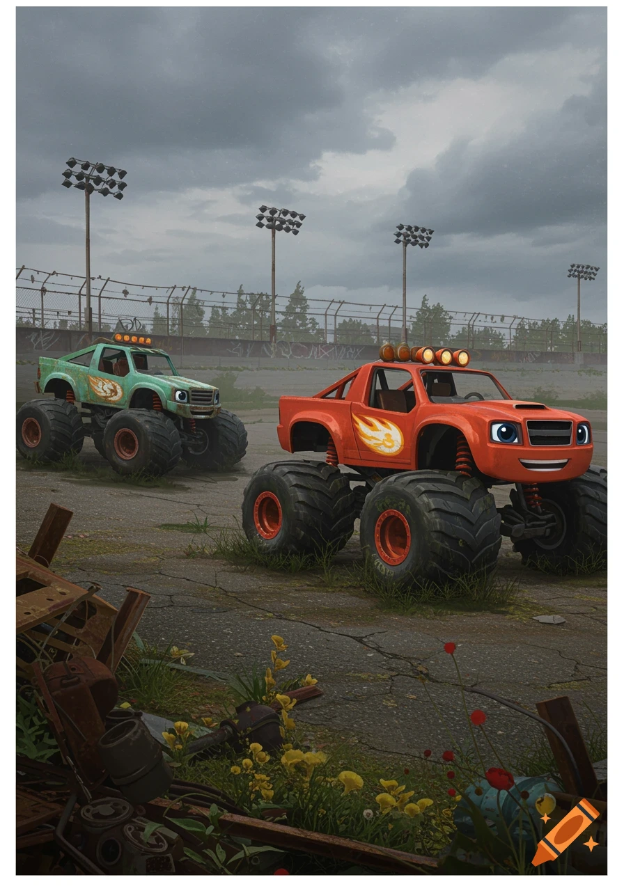 Two cartoon monster trucks, one orange and one green, with smiling faces, on a dirt track in an abandoned stadium under a cloudy sky.