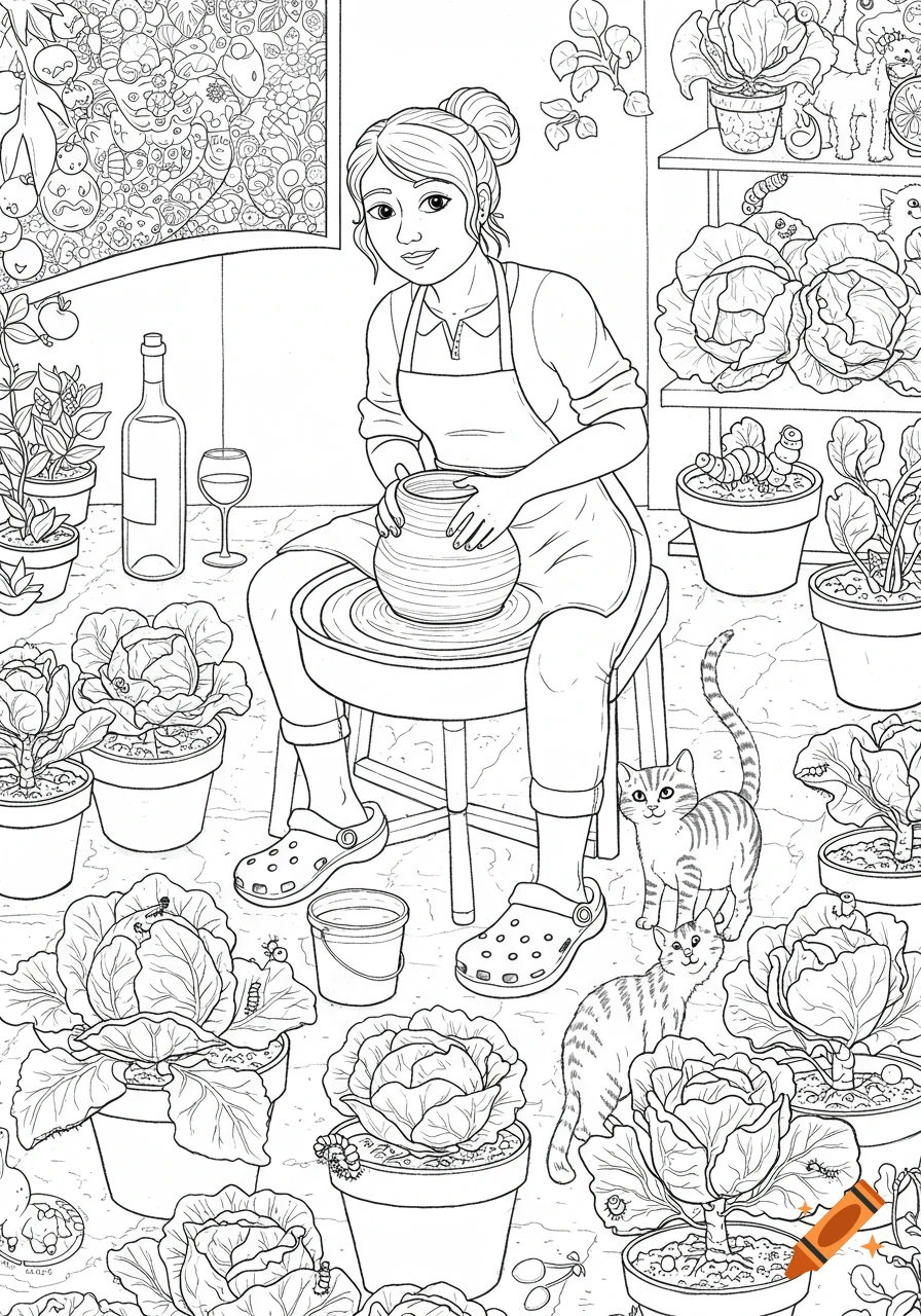 A black and white coloring page of a woman making pottery, surrounded by potted cabbages with caterpillars, cats, and a wine bottle with a glass.