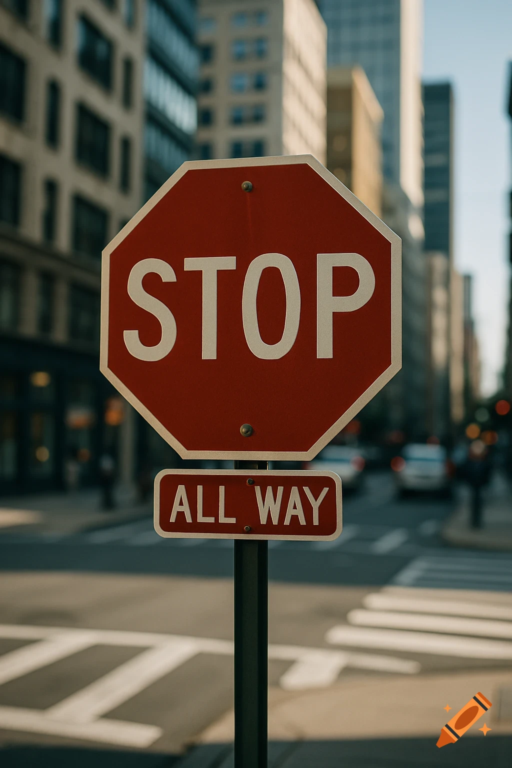 Photorealistic stop sign with 'STOP' and 'ALL WAY' on a city street with blurred buildings and crosswalks in the background.