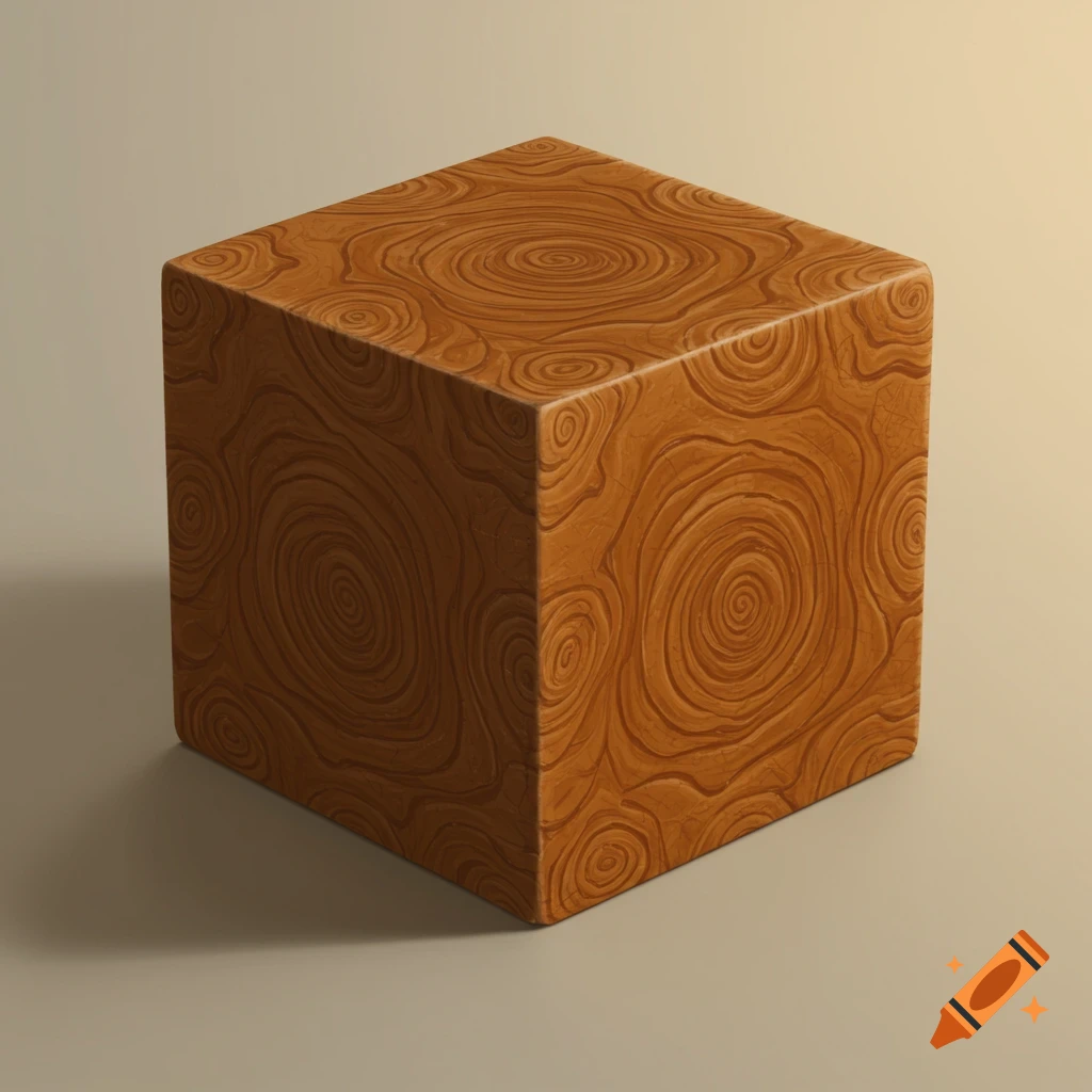 A textured cube, resembling acacia wood, with prominent circular grain patterns on its surfaces.
