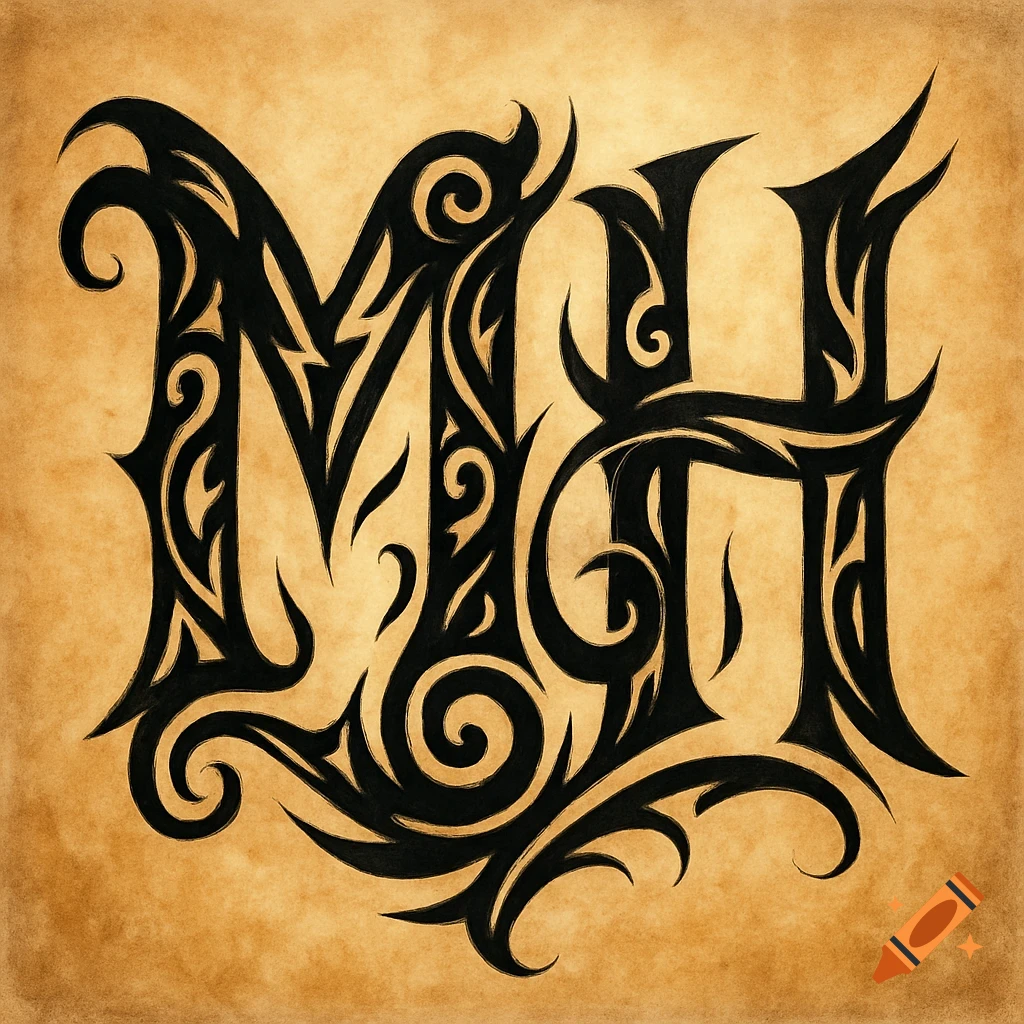 A stylized tribal art monogram featuring the overlapping letters 'M' and 'H' in black on a textured, light brown background.