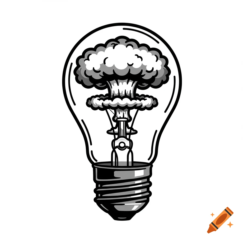 Black and white illustration of a light bulb with a mushroom cloud as its filament.