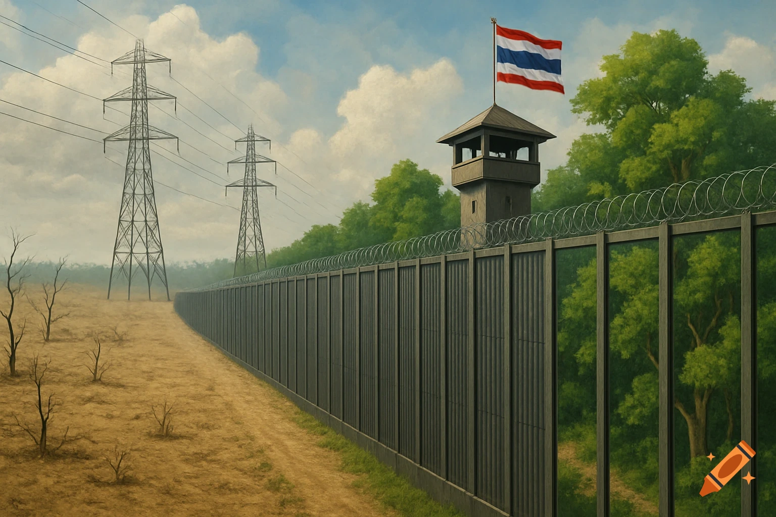 A long border fence with barbed wire and a guard tower flying the Thai flag, separating a dry, barren landscape from a lush, green one. Power lines visible.