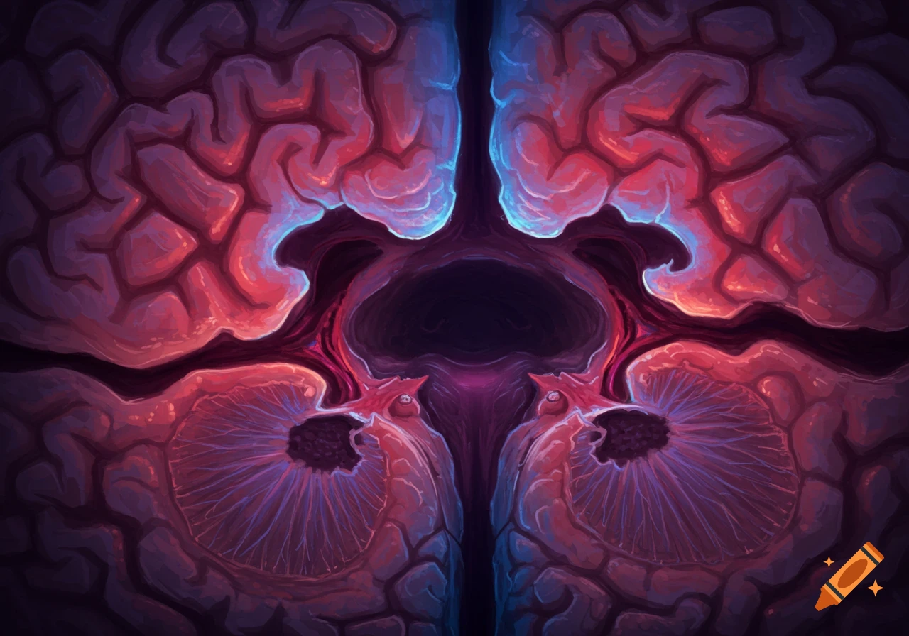 Detailed, colorful depiction of a brain showing fissures and internal structures in blue and red hues.