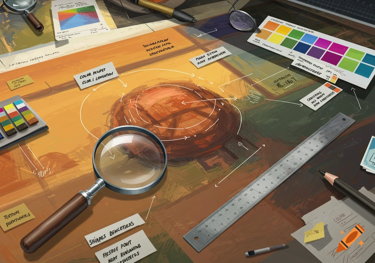 An overhead painterly illustration of a design workspace with a magnifying glass, ruler, pens, color palettes, and papers with illegible text.