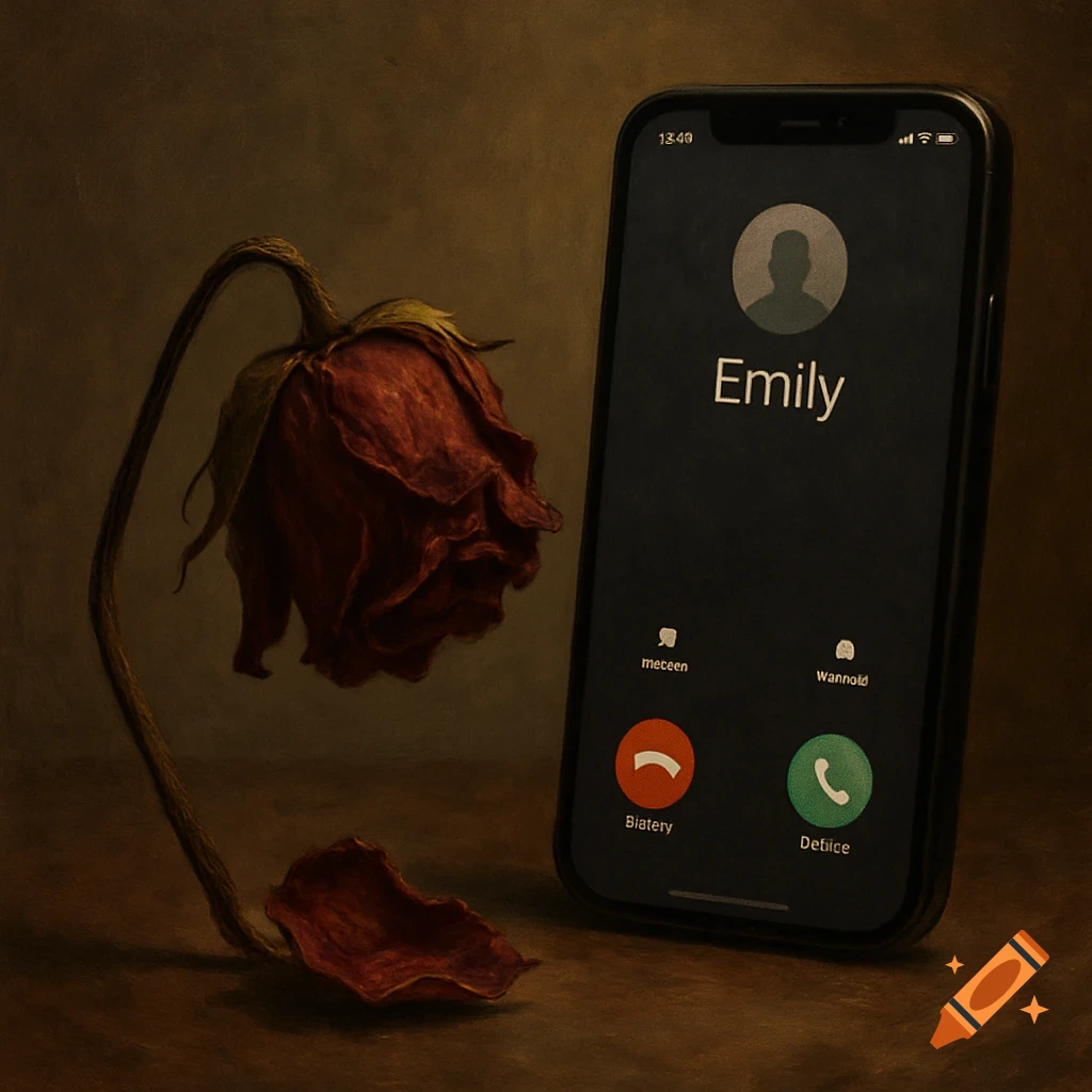 A dried red rose with a drooping stem and fallen petal next to a smartphone displaying an incoming call from "Emily" on a dark, moody background.