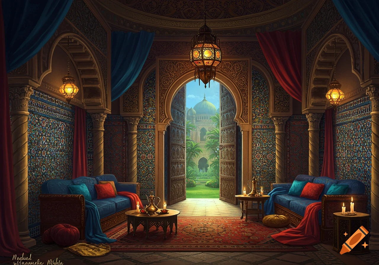 Lavish Arabian palace interior with ornate arches, colorful tiled walls, blue couches, and a view of a garden.