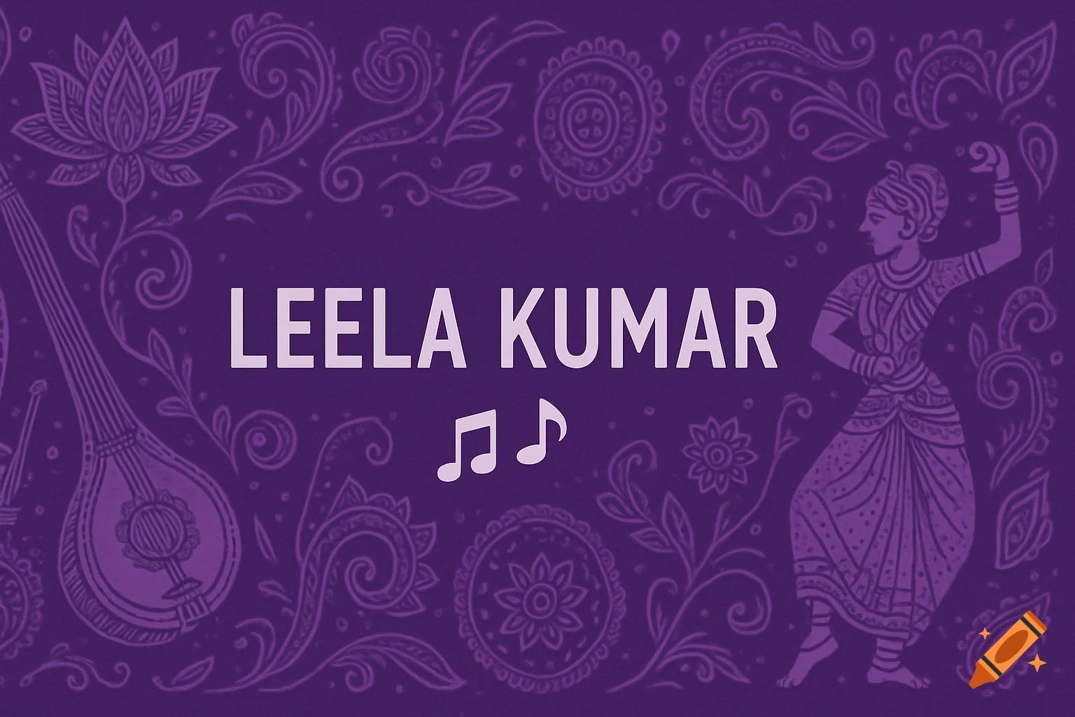A purple YouTube banner with 'LEELA KUMAR' text, musical notes, a dancer, and Indian-inspired patterns.
