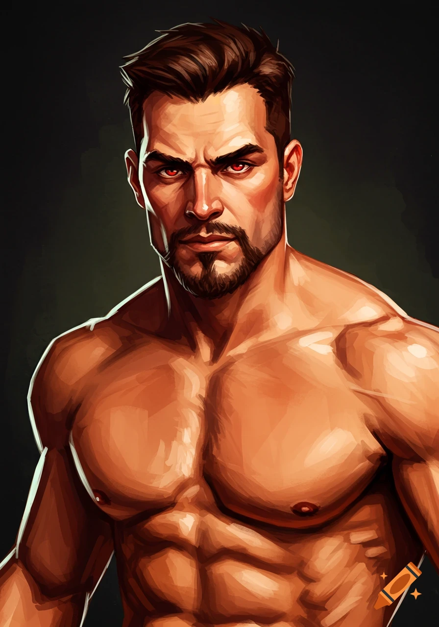 Stylized illustration of a muscular man with brown hair, goatee, and red eyes.