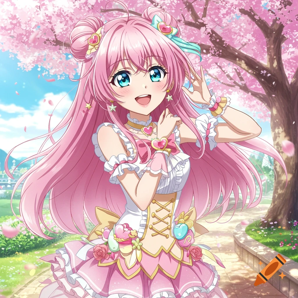 Anime girl with pink hair and blue eyes, smiling in a pink and white dress among cherry blossoms.