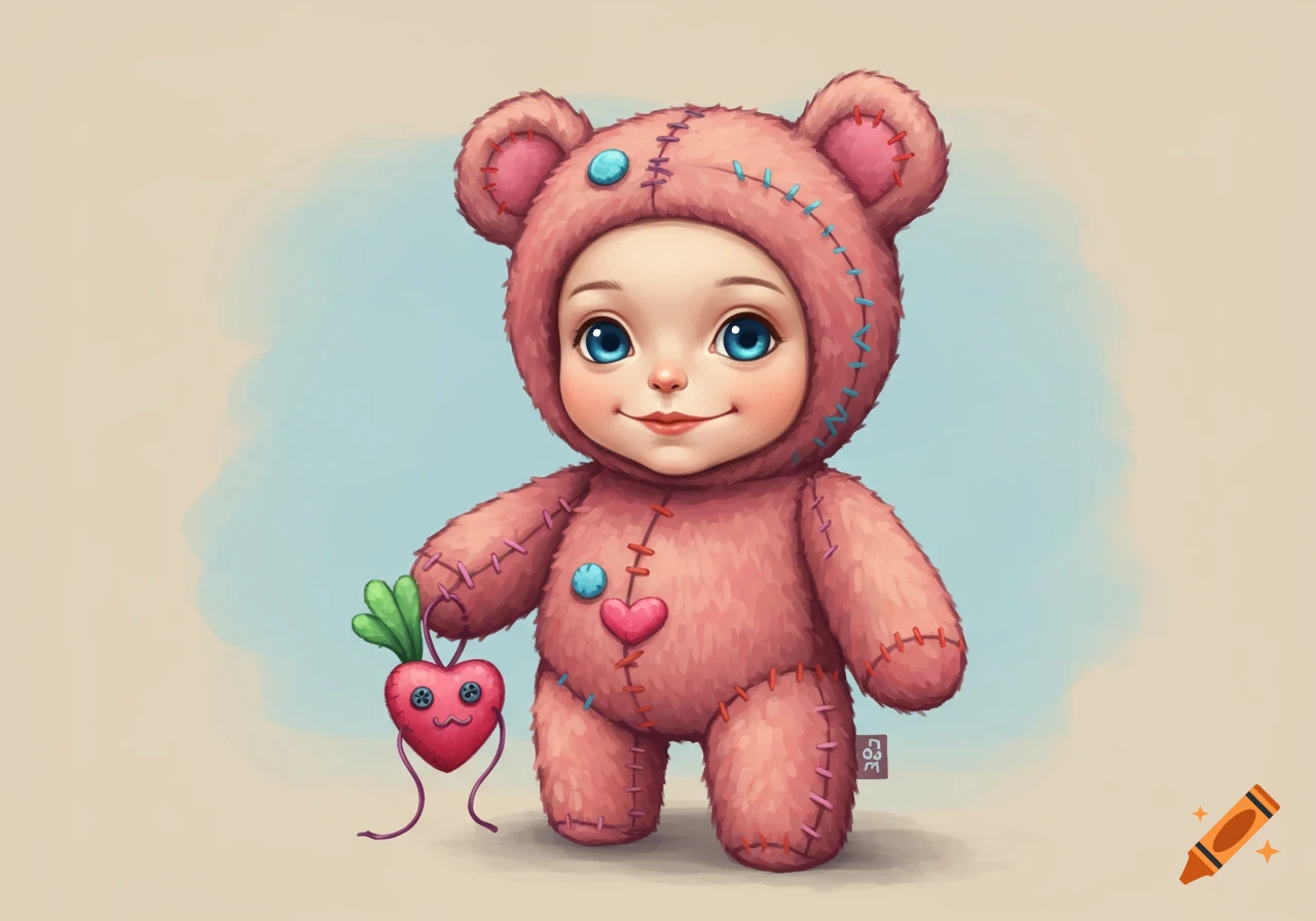 A cute, stylized illustration of a baby in a pink teddy bear costume holding a smiling red heart with a carrot top.