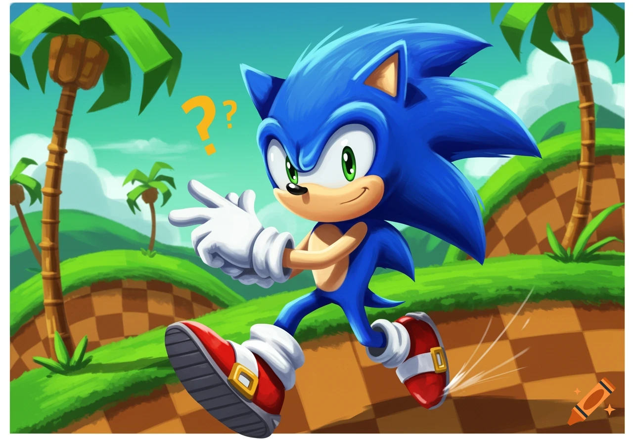 Blue Sonic the Hedgehog runs through a green, checkered landscape with palm trees, looking confused.