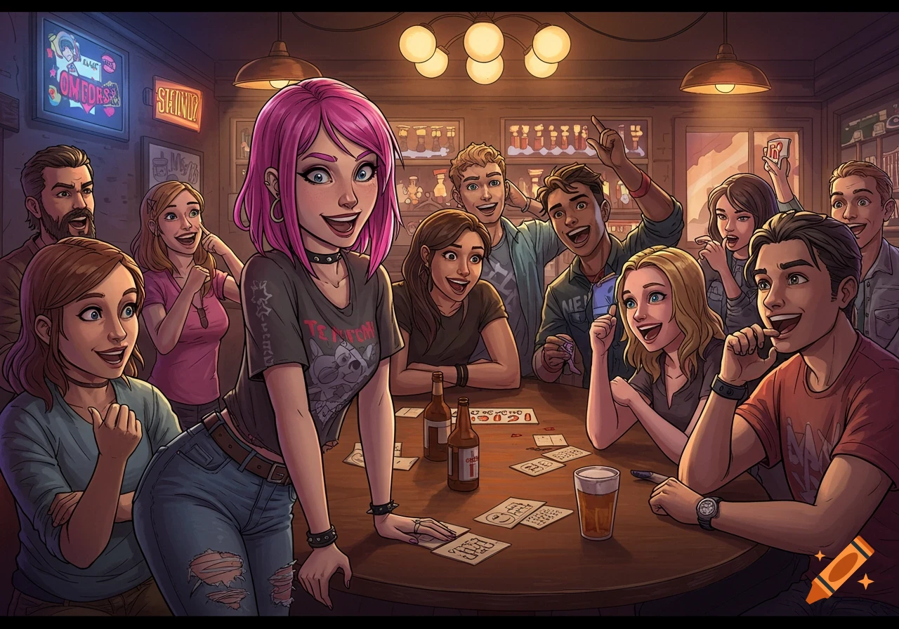 A group of cheerful young adults are gathered around a wooden table in a dimly lit bar, playing a trivia game. Cartoon style.