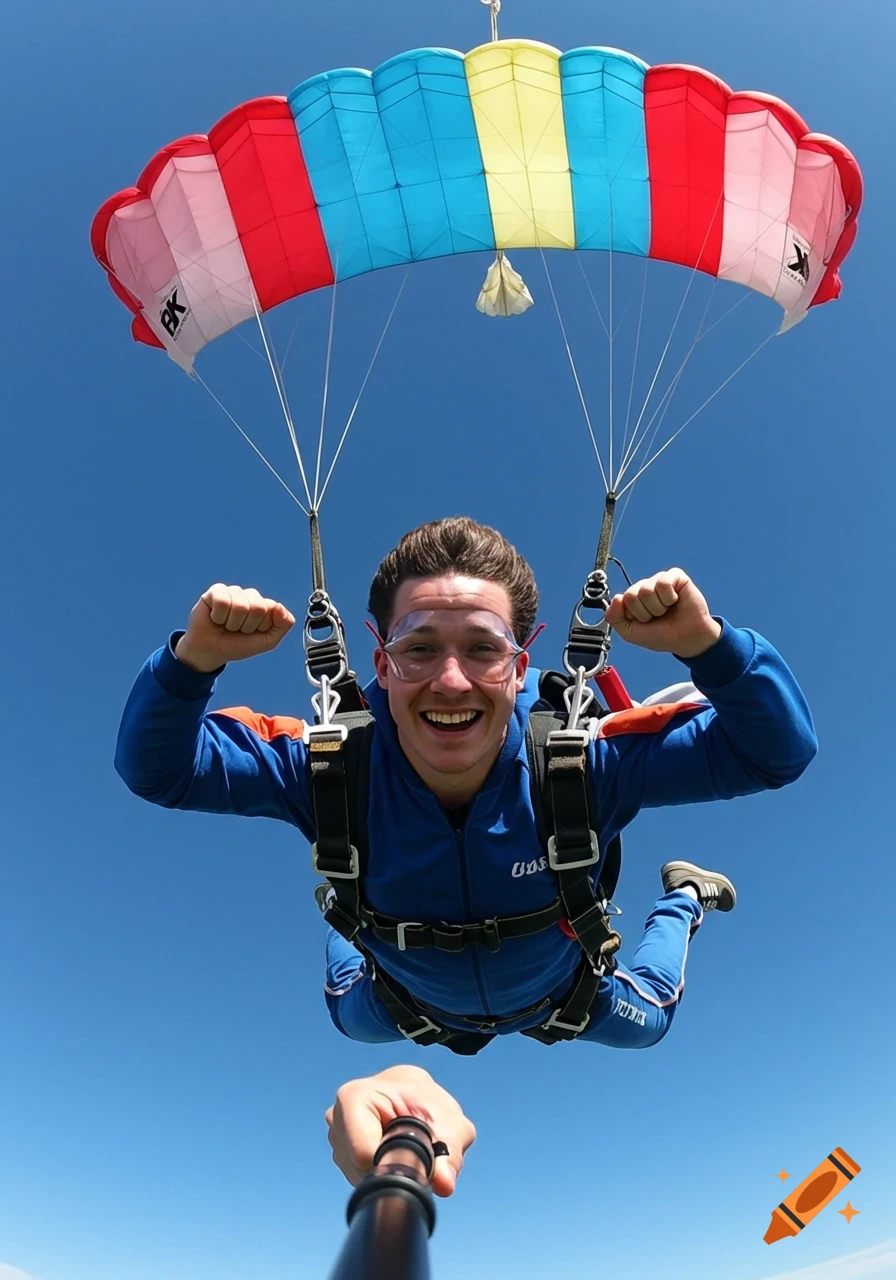 A smiling man in a blue jumpsuit skydiving, seen from a selfie stick perspective, with a colorful parachute above against a clear blue sky.