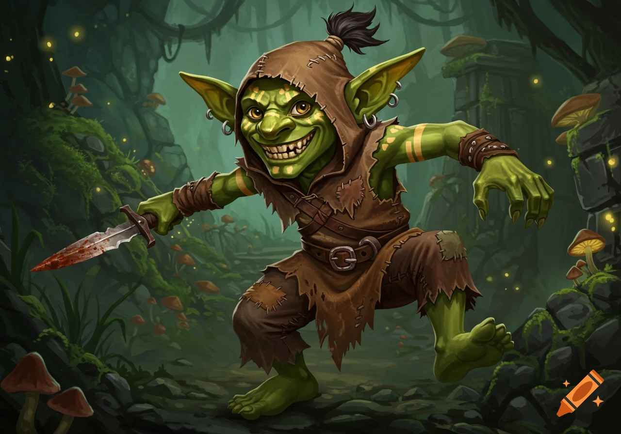 A grinning green goblin character in ragged clothes holds a bloody dagger in a mossy, magical forest, fantasy art style.