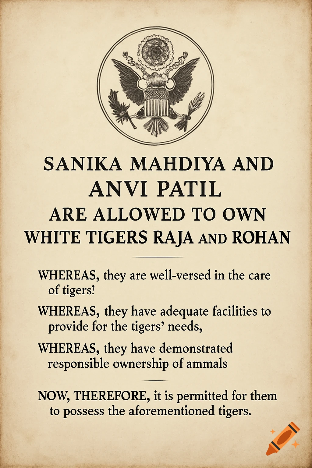 An aged, official-looking document with a circular seal featuring an eagle at the top. The document details a permit for Sanika Mahdiya and Anvi Patil to own white tigers Raja and Rohan, citing reasons like their care knowledge and facility adequacy.