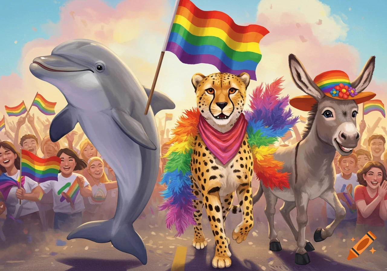 A cheerful illustration of a dolphin, cheetah, and donkey marching in a vibrant gay pride rally with rainbow flags and a happy crowd.