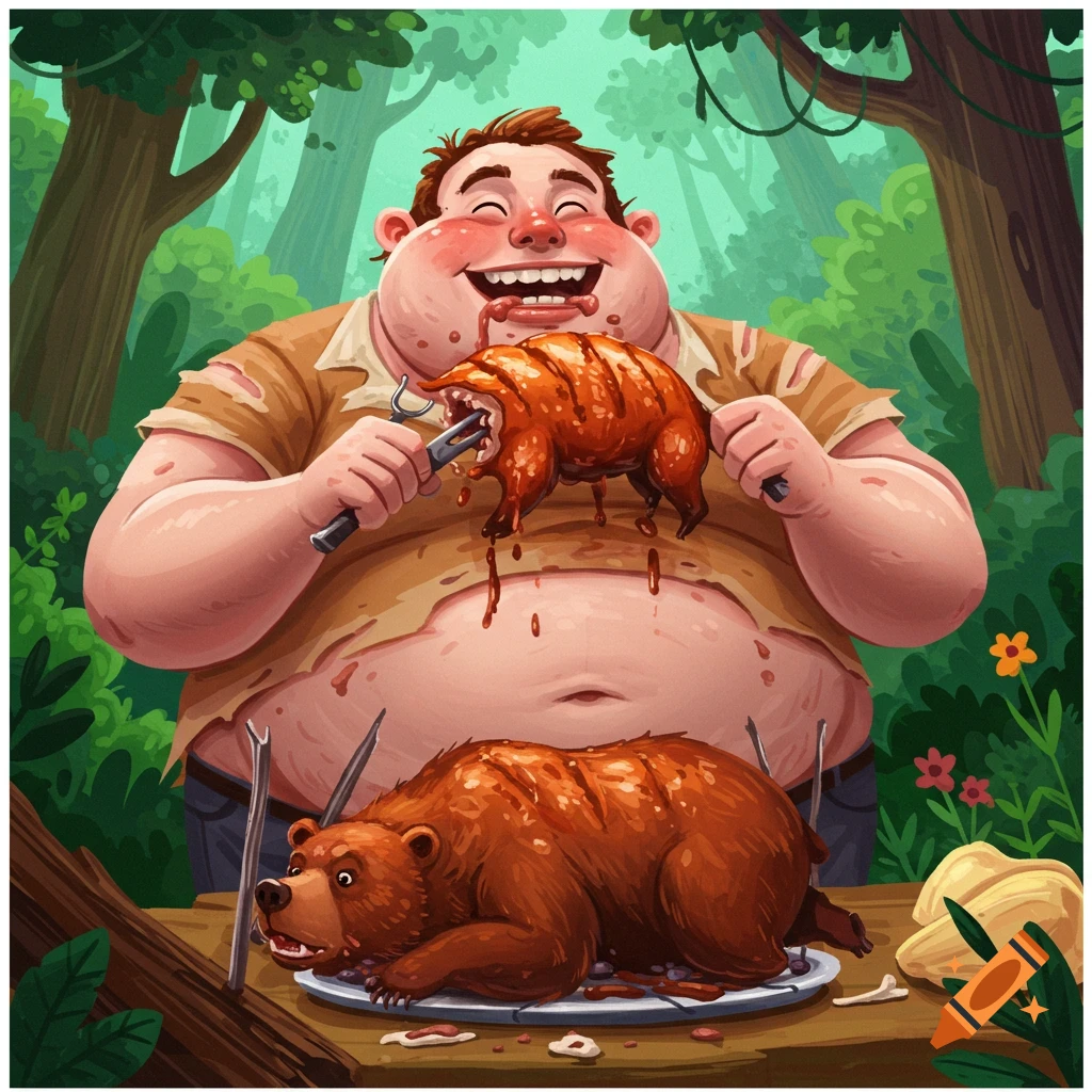 A cartoon man joyfully eats a roasted bear in a jungle, with another bear on a plate below.