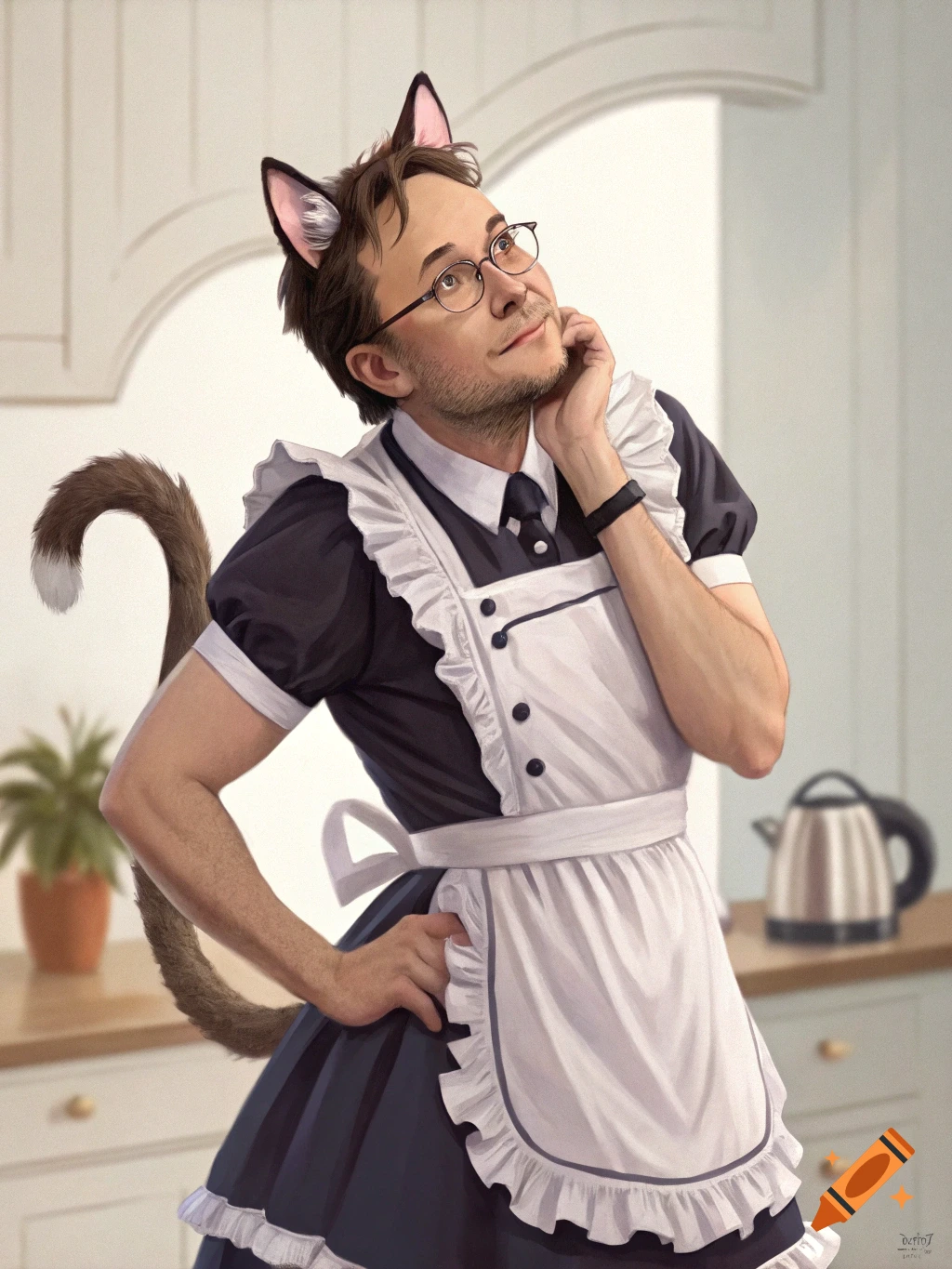 A man resembling Elon Musk in a black and white maid costume with cat ears and a tail, looking upward in a kitchen.